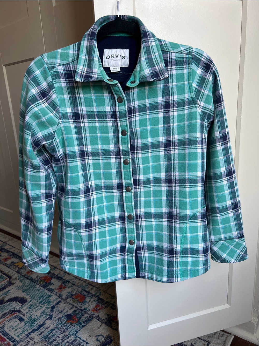 Orvis Fleece Lined Plaid Flannel Shirt Jacket Green Teal Snap Front Small